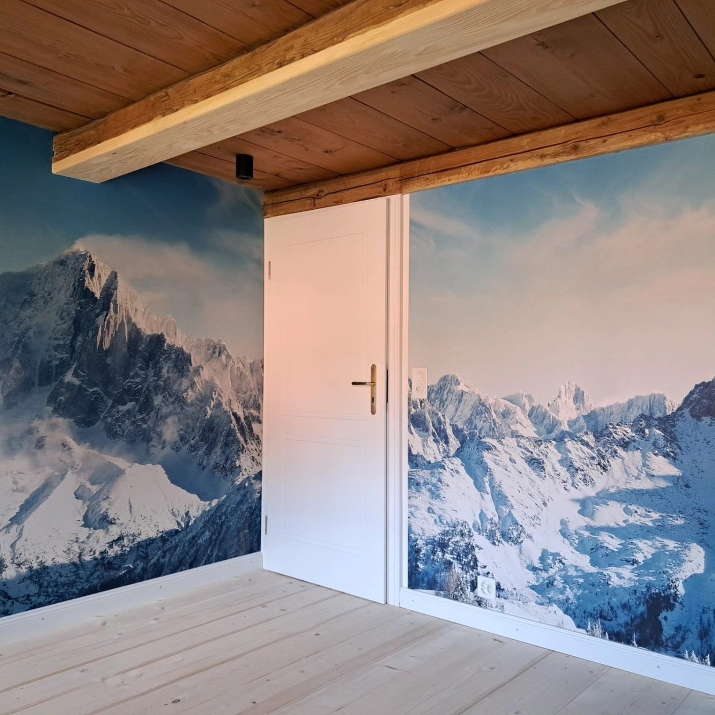Raum mit Holzdecke und Berglandschaft als Wandbild beidseits einer weissen Tür